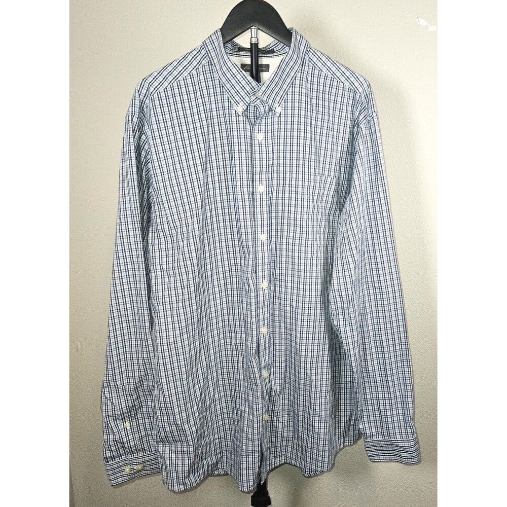 Eddie Bauer Wrinkle Free Shirt Mens TXL Tall XL Blue Plaid Button Down Cotton